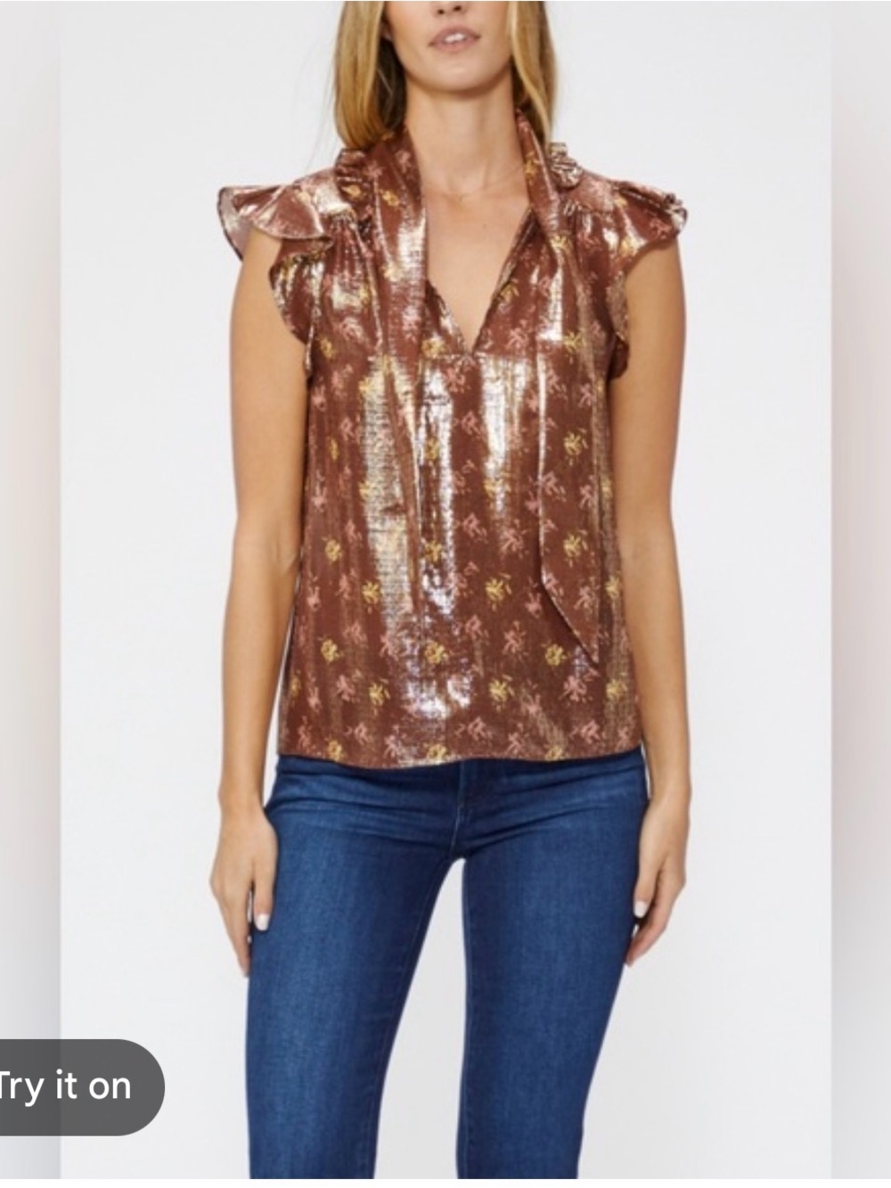 PAIGE Metallic Bronze Silk Floral Tie-Neck top